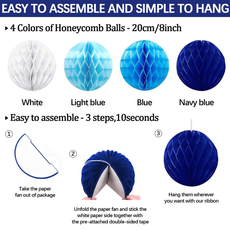 Marwey 23Pcs Blue Birthday Party Decorations for Boys Men Navy Royal Light Blue Honeycomb Ball, Hanging Paper Fans, Pom Poms, Baby Shower Decorations Boy, Party Supplies 16th 18th 21th 30th 40th 50th - Image 5